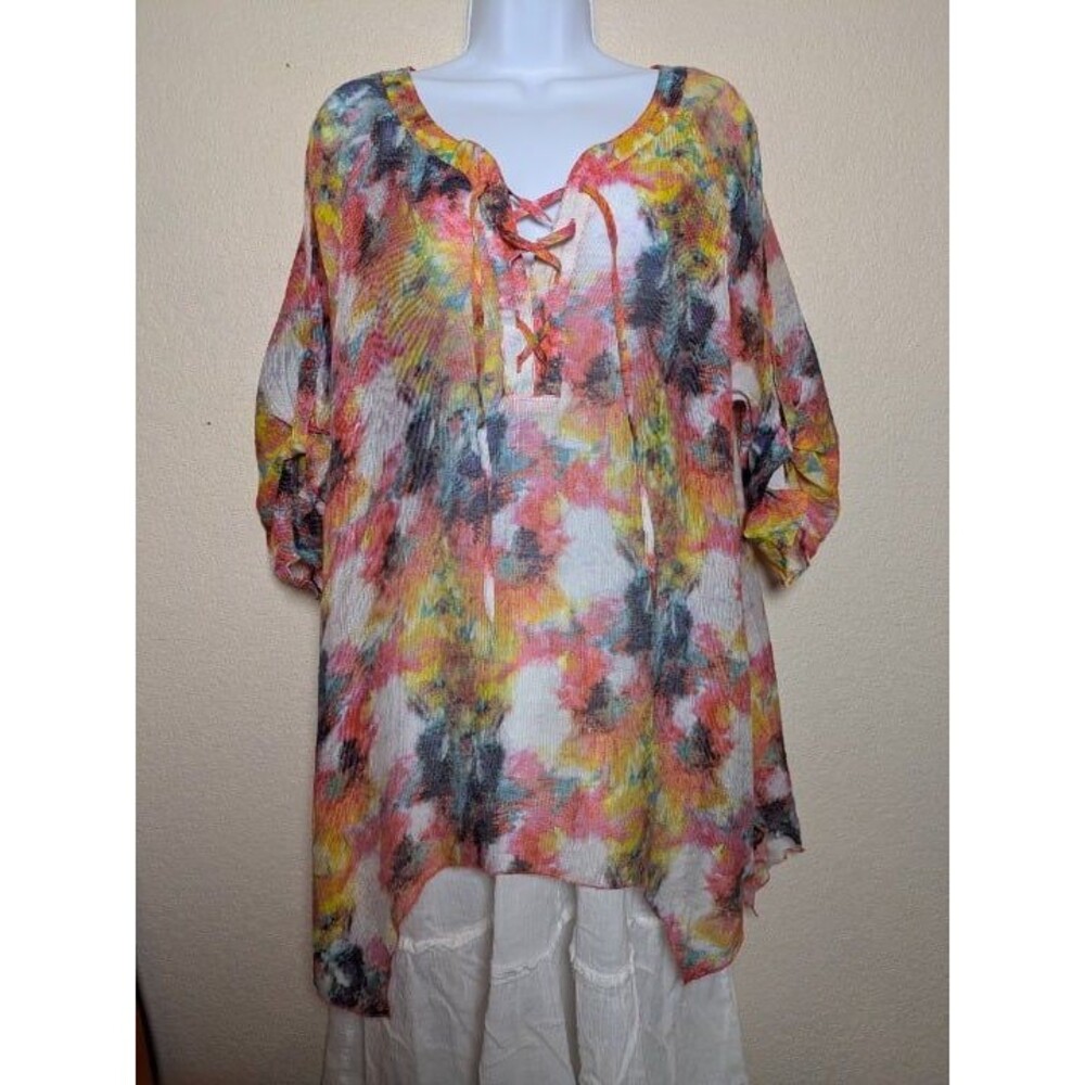 Abstract Floral Lace Up Blouse Womens Size Large Boho Festival Artistic Flowy